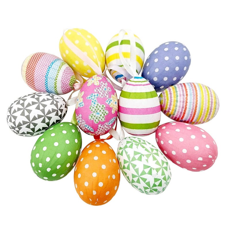 Gardeningwill 12pcs New Colorful Paper Mache Foam Egg Hanging Ornaments Easter Tree Christmas Decoration - Image 1